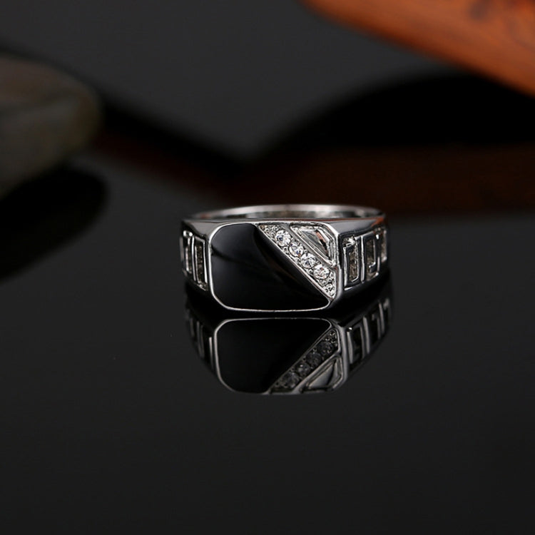 Silver-tone square-cut ring with black enamel center and raised rhinestone inserts