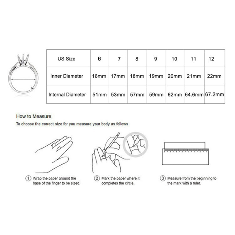 Men's ring size chart showing US sizes 6–12 and inner diameter measurements