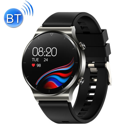 Round smartwatch with silver case and black silicone band, dark display with colorful waves
