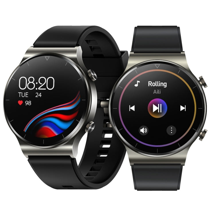 Two round smartwatches with silver cases and black bands, colorful music screens