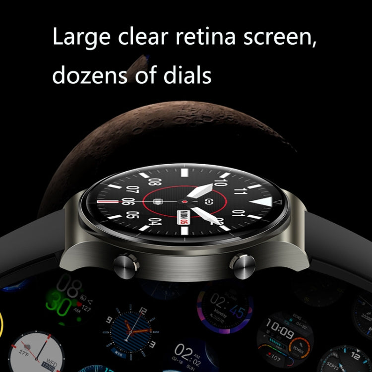 Close-up round smartwatch with silver bezel and dark face, analog and digital dials