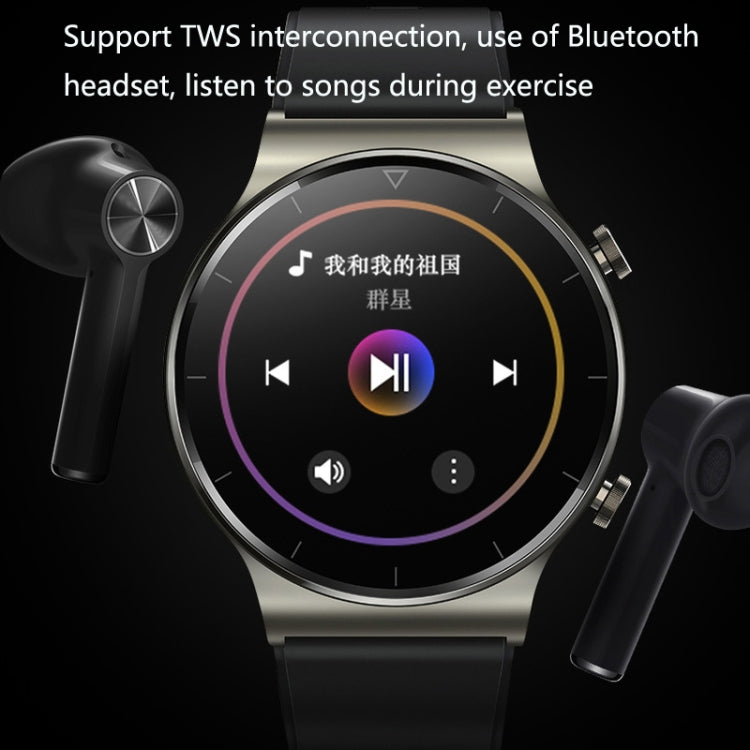 Round smartwatch with silver bezel and black band, dark music playback UI on screen