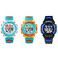 Three children digital sport watches in teal, orange, and black with large LCD displays