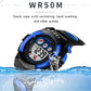 Children digital sport waterproof watch, black case with blue trim and LCD time display
