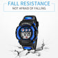 Children digital sport watch with black case and blue accents, LCD time display