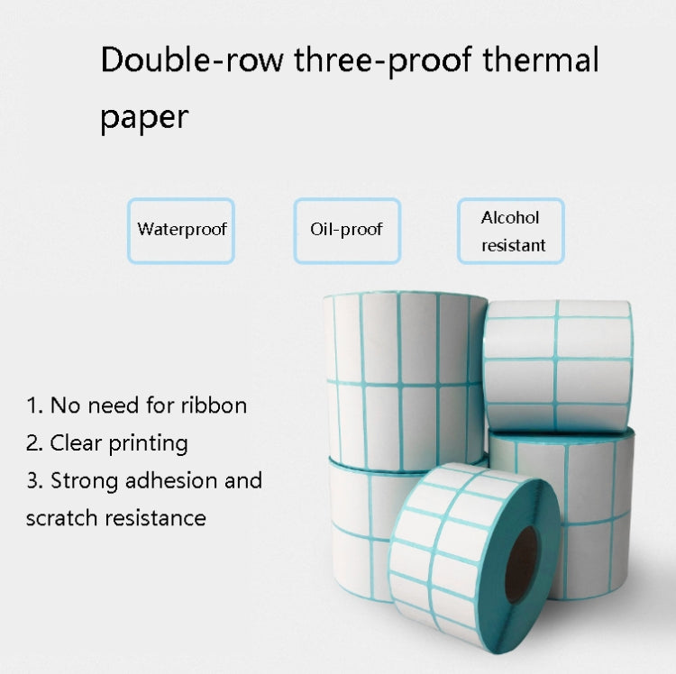 Thermal barcode label rolls set with white stickers and teal grid outlines
