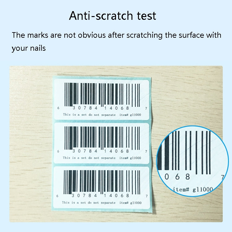 Barcode label stickers on test surface, crisp bars on white with teal border