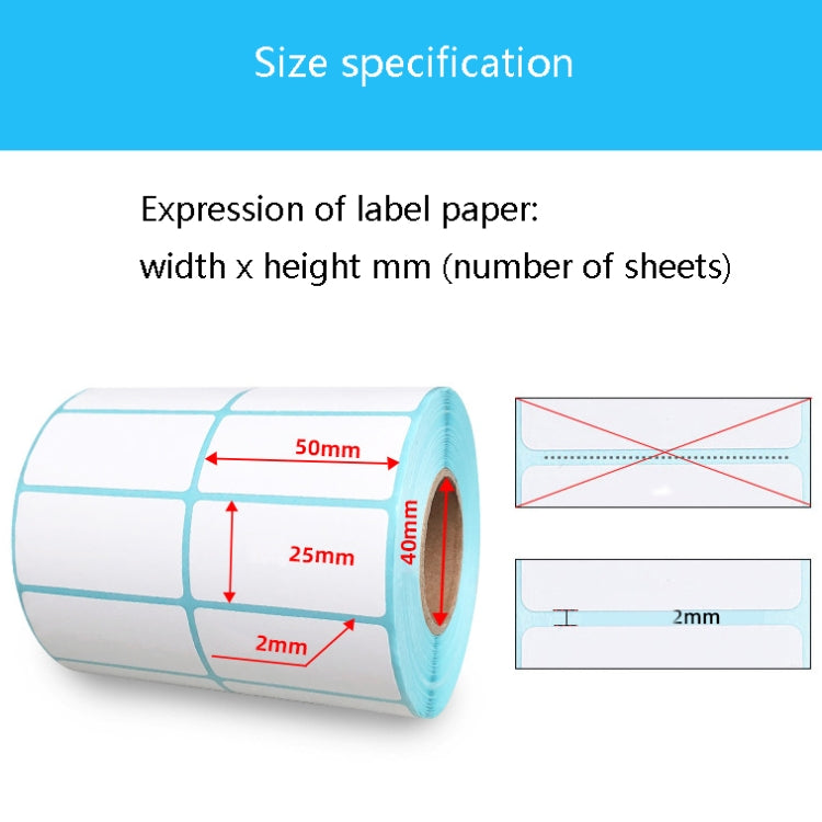 Thermal barcode label roll with size diagram showing 50mm width and 25mm height