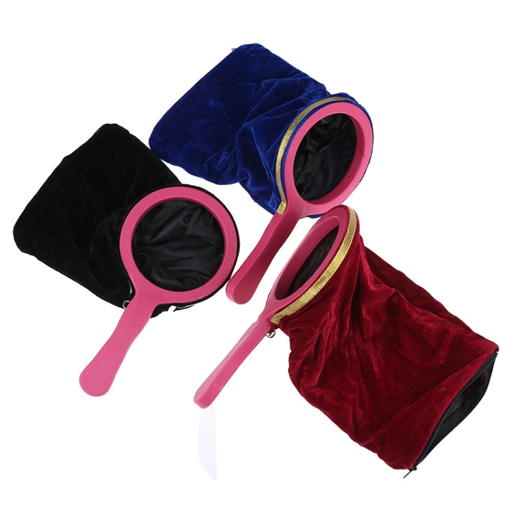Set of change bags: black and blue velvet props with pink handles and gold trim.