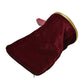 Red velvet change bag prop, gold-trimmed circular opening, folded for storage.