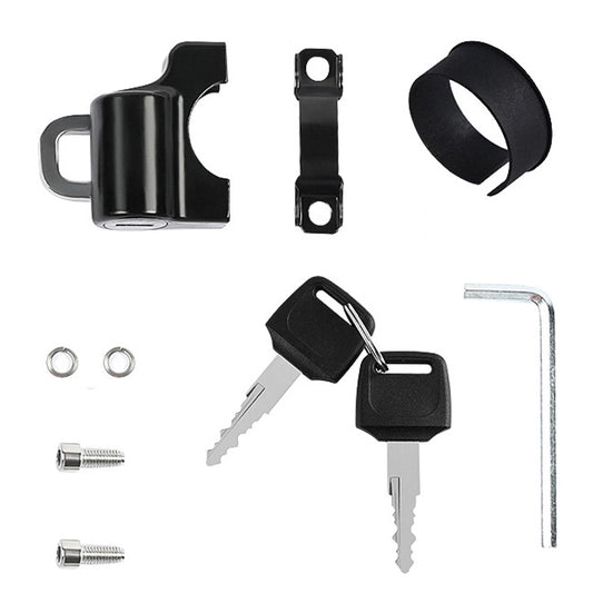 Helmet lock kit with black housing, metal bracket, two keys, screws, and key ring