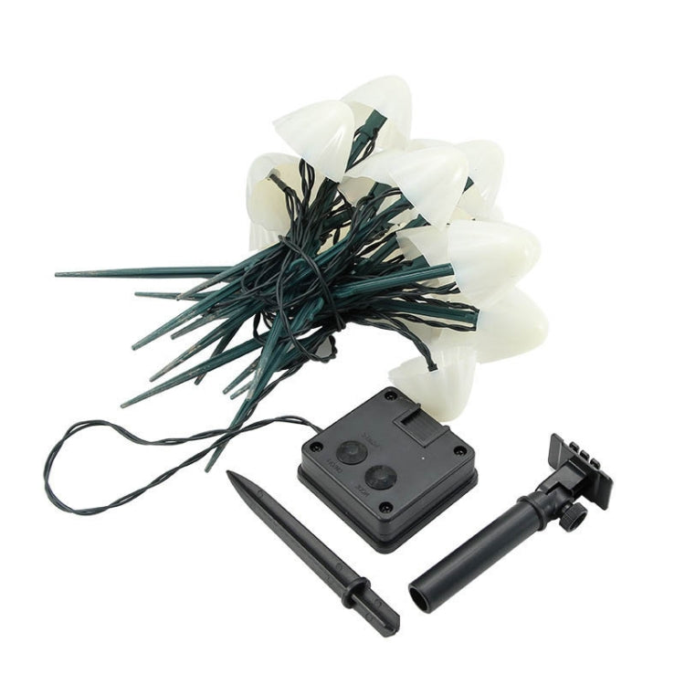 Solar mushroom lawn light kit with white bulb heads, controller, stakes, and cables