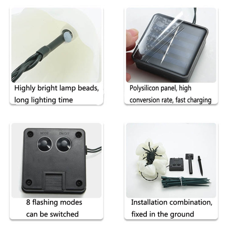 Solar mushroom string light components: solar panel, controller, wires, and ground stakes