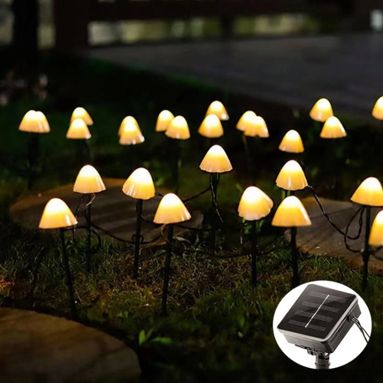 Outdoor solar mushroom string lights with warm white glow and solar panel close-up