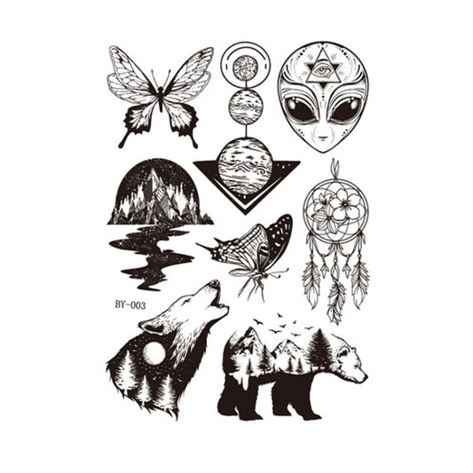 Tattoo sticker sheet with luminous dark animal and nature designs (BY-003)