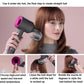 Gray anti-lifting nozzle on hair dryer in use, styling long straight hair.