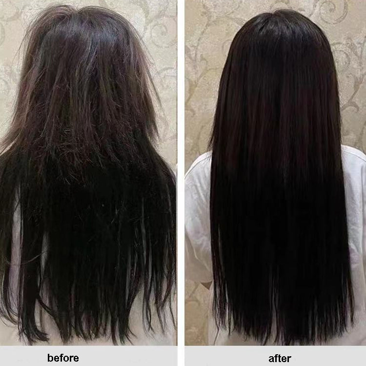 Before-and-after hair results: sleek black hair with gray nozzle attachment.