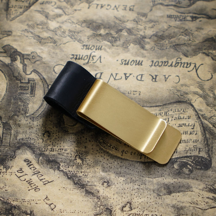 Brass metal pen holder with black leather sleeve clip