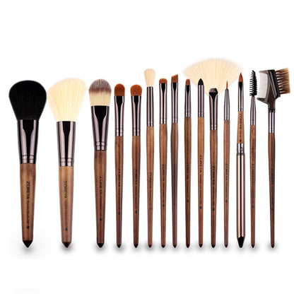 Set of 15 makeup brushes with black and cream bristles and brown wooden handles