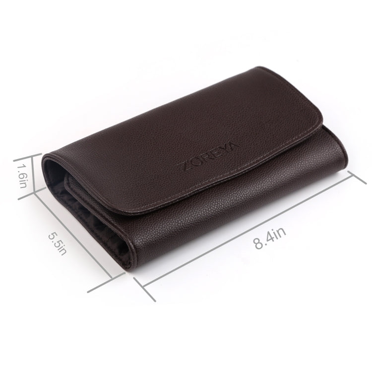 Brown faux-leather makeup brush roll case with ZOREYA logo and snap flap