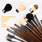 Compact makeup brush set with dense round and angled bristles and brown handles