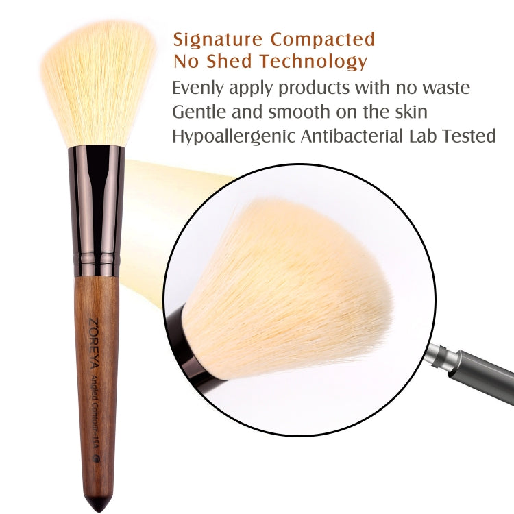 Makeup brush with soft beige bristles and brown handle with silver ferrule