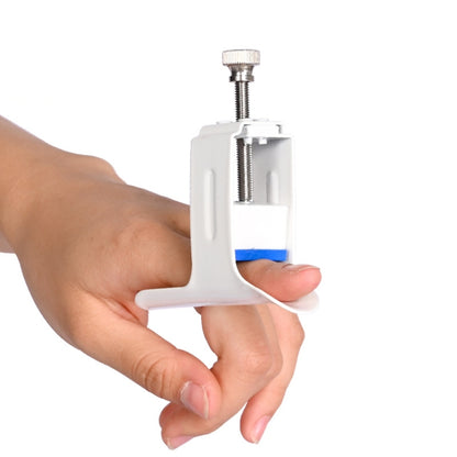Adjustable finger straightening splint with white plastic frame and metal screw support