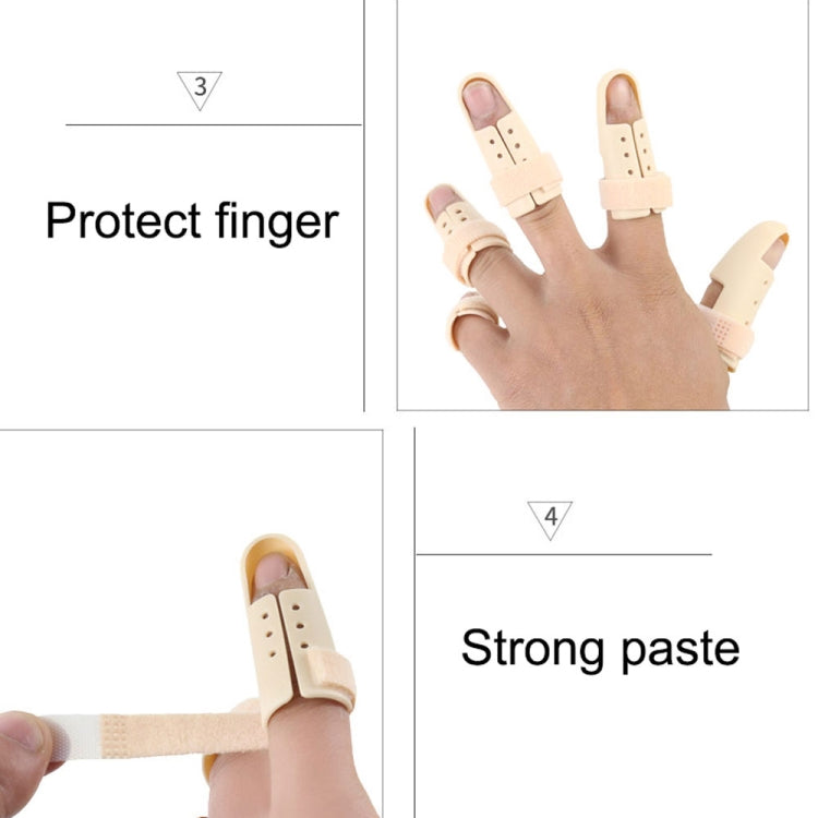 Beige finger splint showing perforated support and wide hook-and-loop strap closure