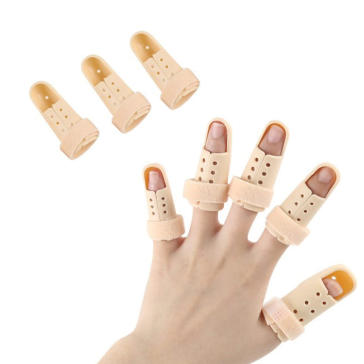 Beige finger splint braces with open fingertip support and adjustable hook-and-loop straps