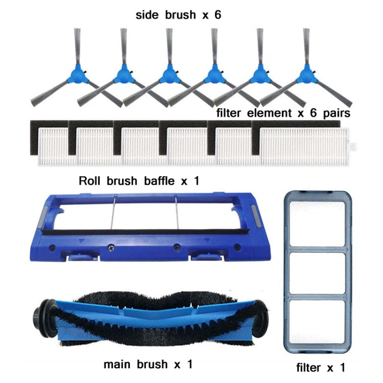 Robot vacuum accessory set with 6 side brushes, roller brush, filter elements, and frame