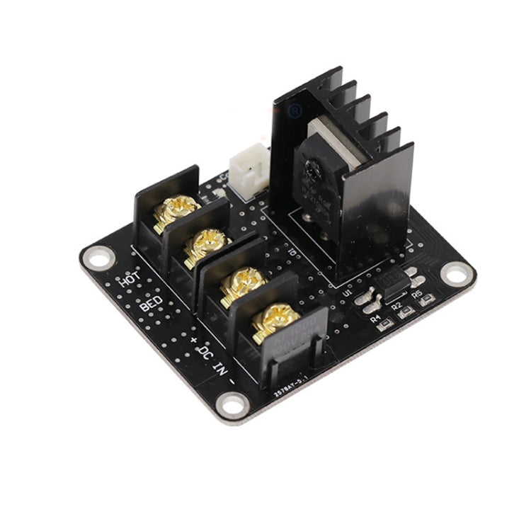 Heated bed MOSFET driver PCB with four gold terminals and heat-sinked MOSFETs