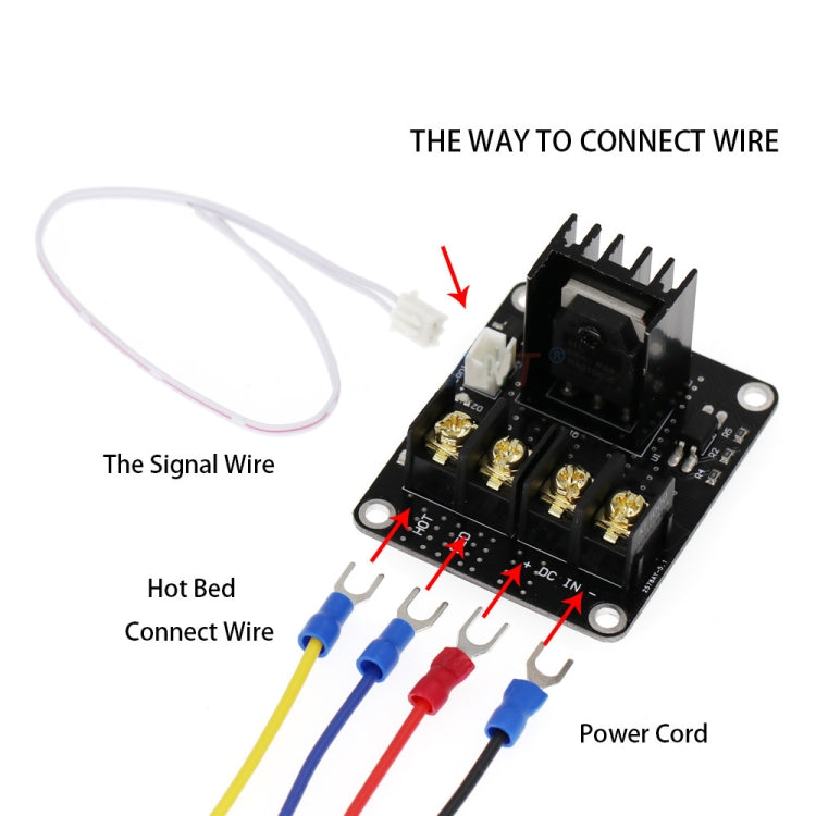 Heated bed MOSFET driver board with signal and power wire leads for connection
