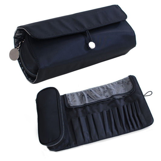 Navy folding cosmetic brush storage bag with front flap and zipper pocket