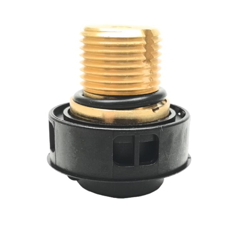Black plastic steam safety valve cover with brass threaded connection and vent window