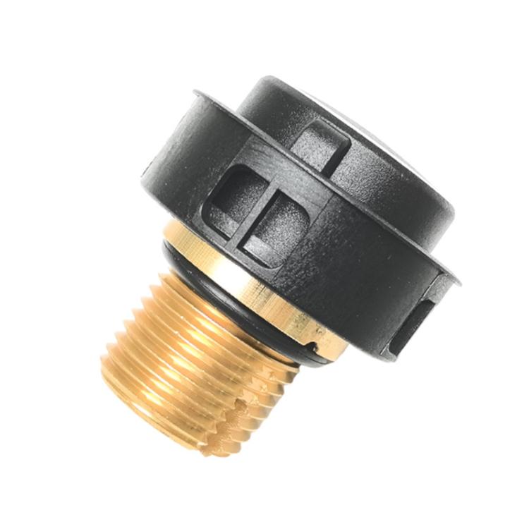 Brass-threaded steam safety valve cover with black plastic housing, side view