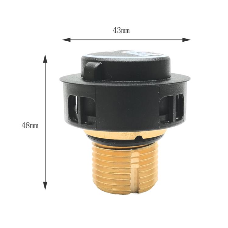 Steam boiler safety valve cover with brass thread; 43mm x 48mm dimensions shown