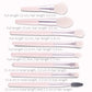 Mini makeup brushes with labeled lengths on white background