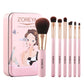 Pink makeup brush set with metal case, gold ferrules and brown bristles