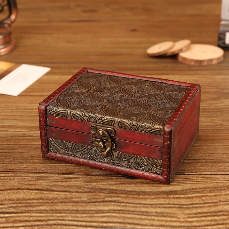 Vintage wooden jewelry box, red with dark engraved lid and brass handle clasp