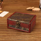 Vintage wooden jewelry box with open-lid style top engraving and bronze latch detail