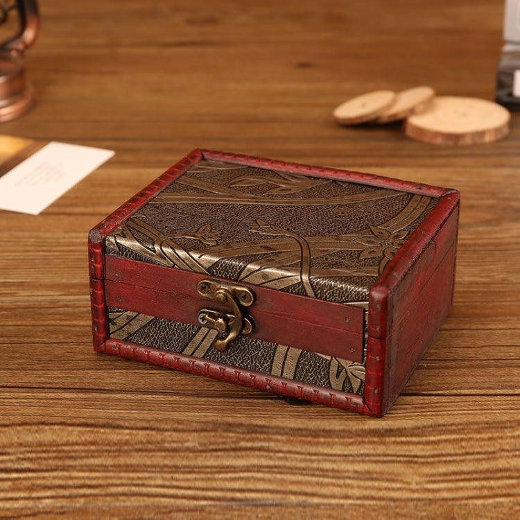 Vintage wooden jewelry box with open-lid style top engraving and bronze latch detail