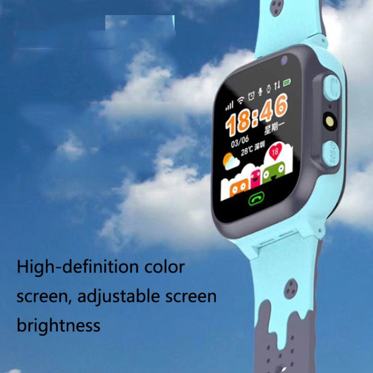 Blue kids smart watch phone side view with bright colorful display and silicone strap