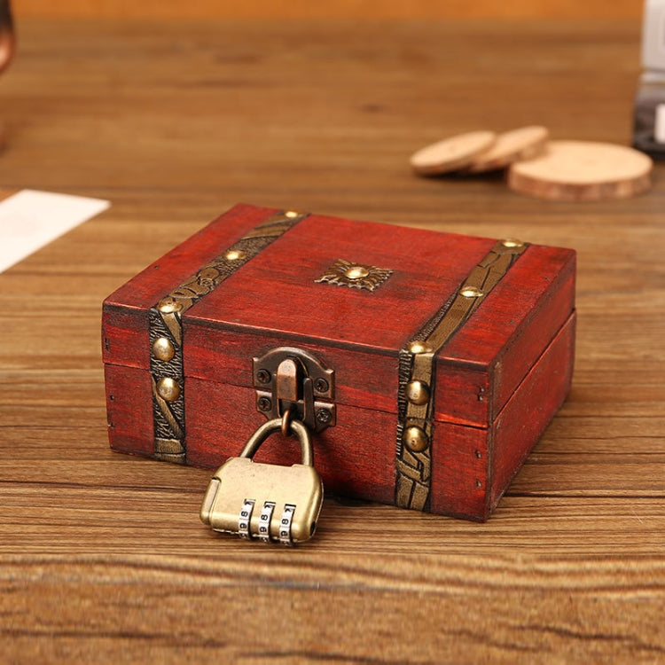 Red wooden jewelry box with brass hardware and hanging password padlock