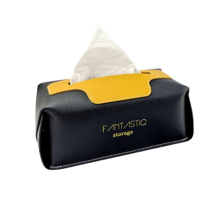 Black PU tissue box with yellow stitched flap and top tissue opening