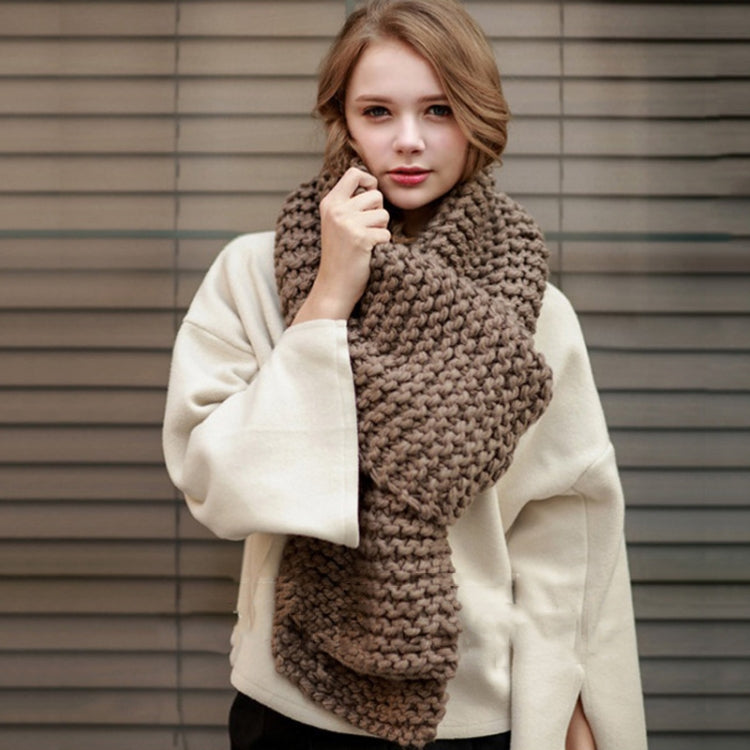 Chunky knit wool scarf, solid khaki-brown, thick long wrap, ribbed texture