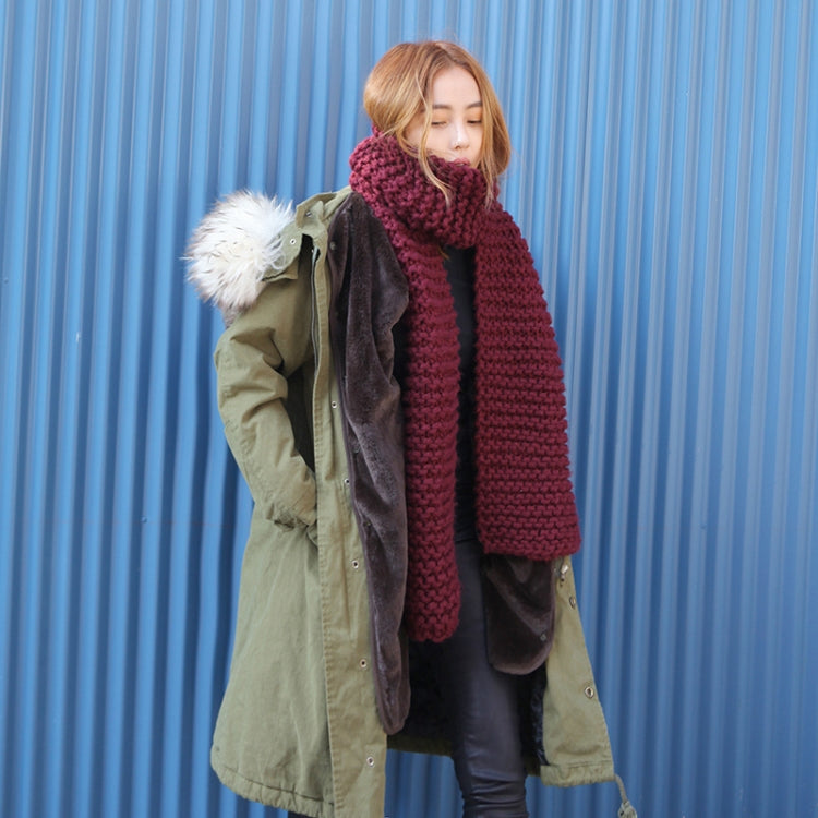 Thick chunky knit wool scarf, solid deep maroon, long wrap with textured stitch