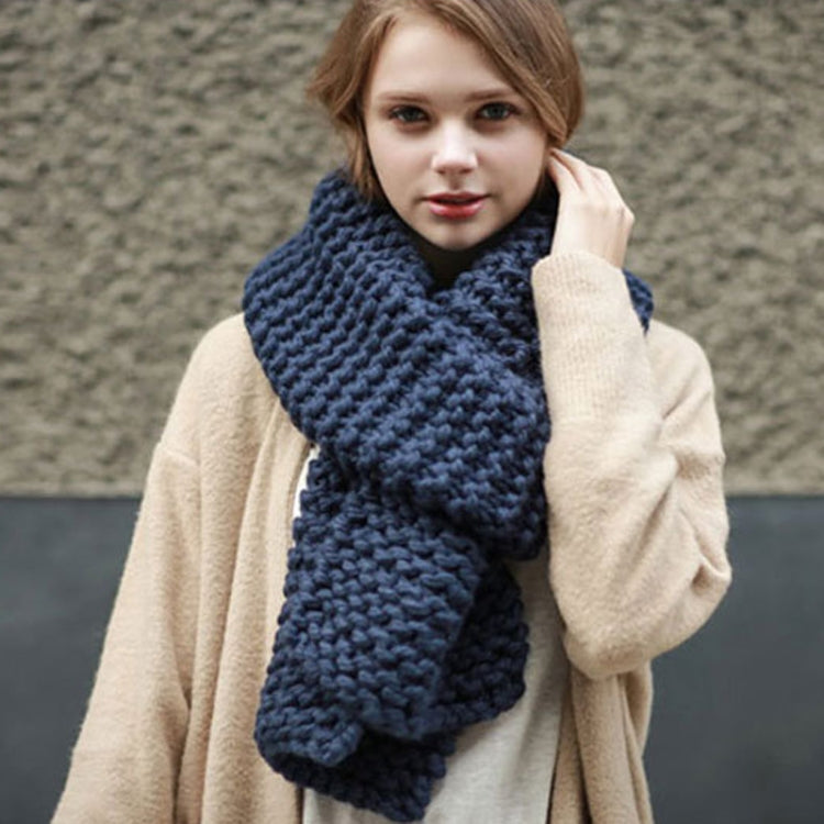 Chunky knitted wool scarf, solid dark blue, thick long wrap with ribbed pattern