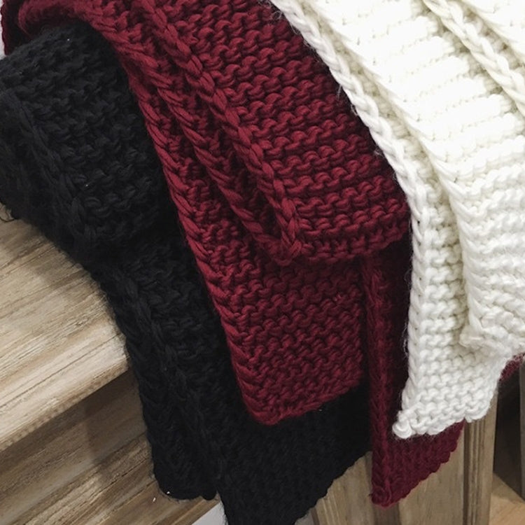 Thick knitted wool scarves, black, burgundy, and cream, chunky ribbed texture