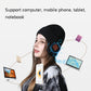 Black Bluetooth music hat with earphones, worn by a woman, audio icons
