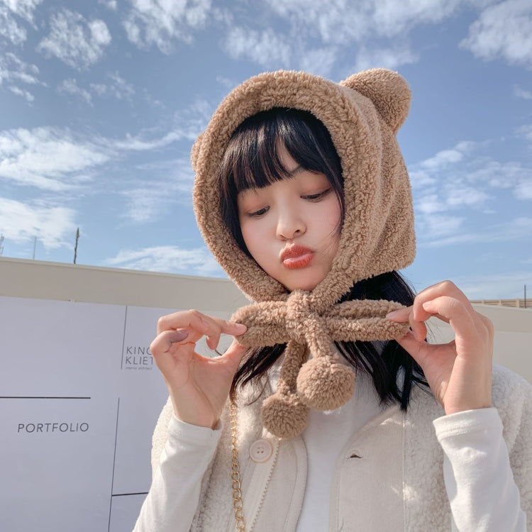 Beige plush bear-ear winter hat with teddy-tether tie and hood-like face opening